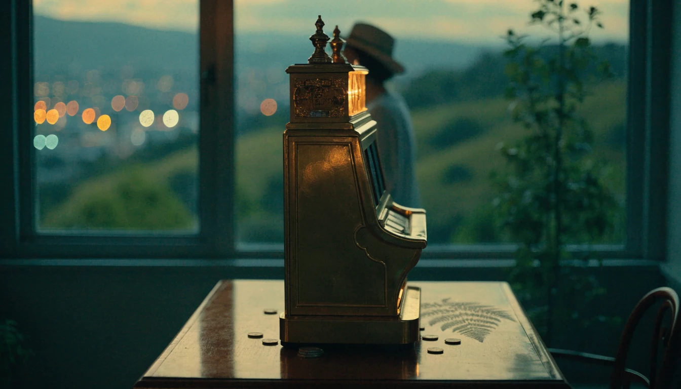 Golden slot machine on a wooden table with New Zealand hills in background at dusk.