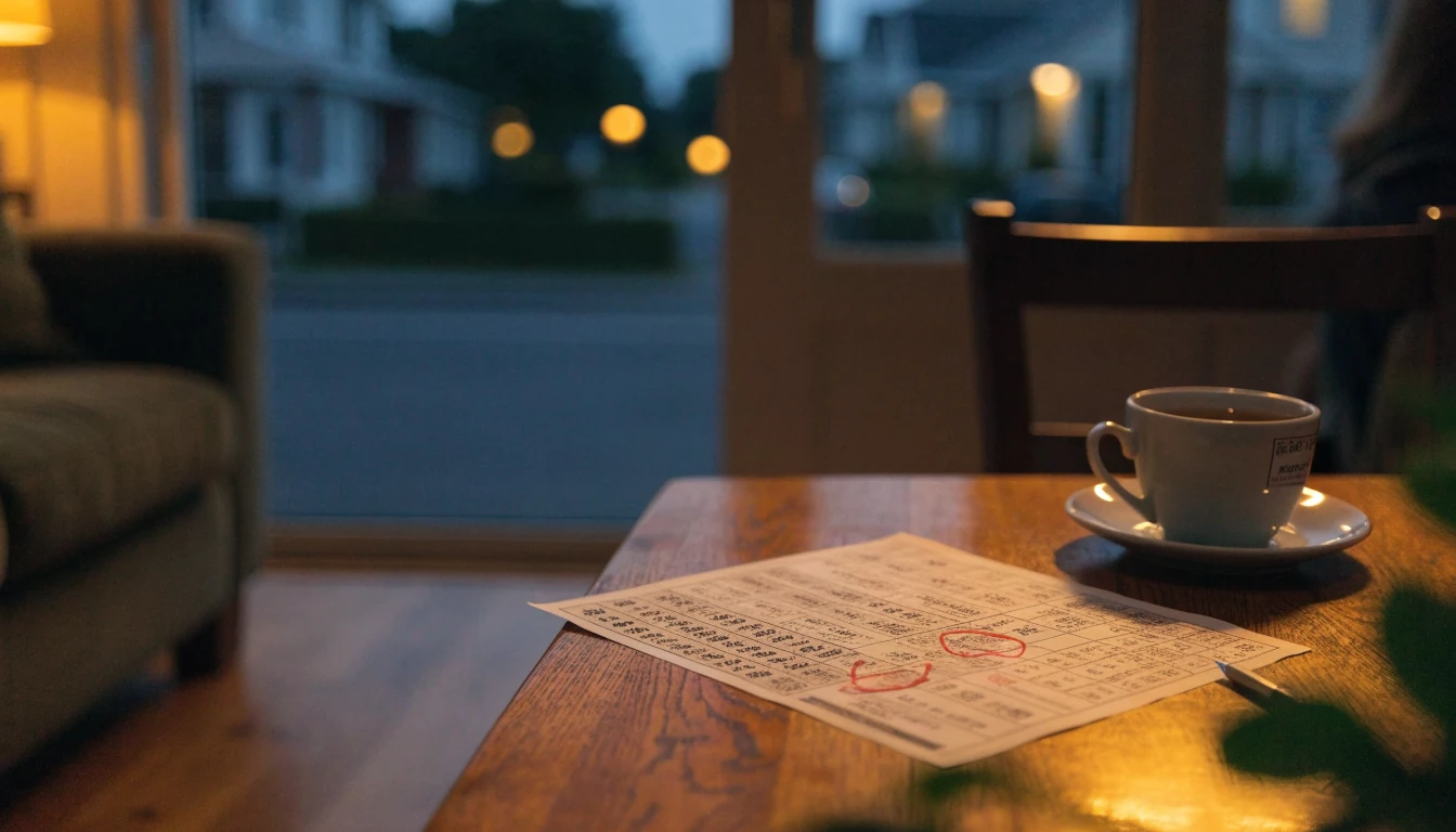 Keno ticket slip on a New Zealand coffee table at night