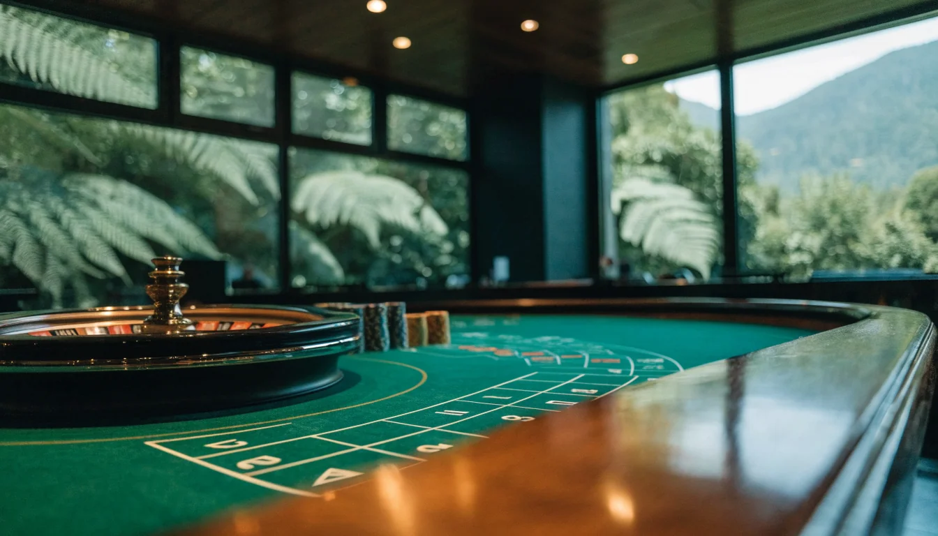 Elegant New Zealand casino table and roulette wheel with mountain view
