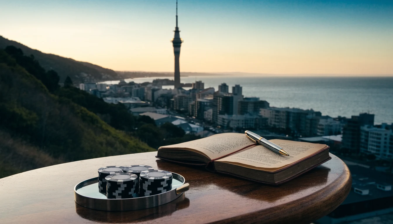 New Zealand skyline with casino chips, magnifying glass, and notebook on a table