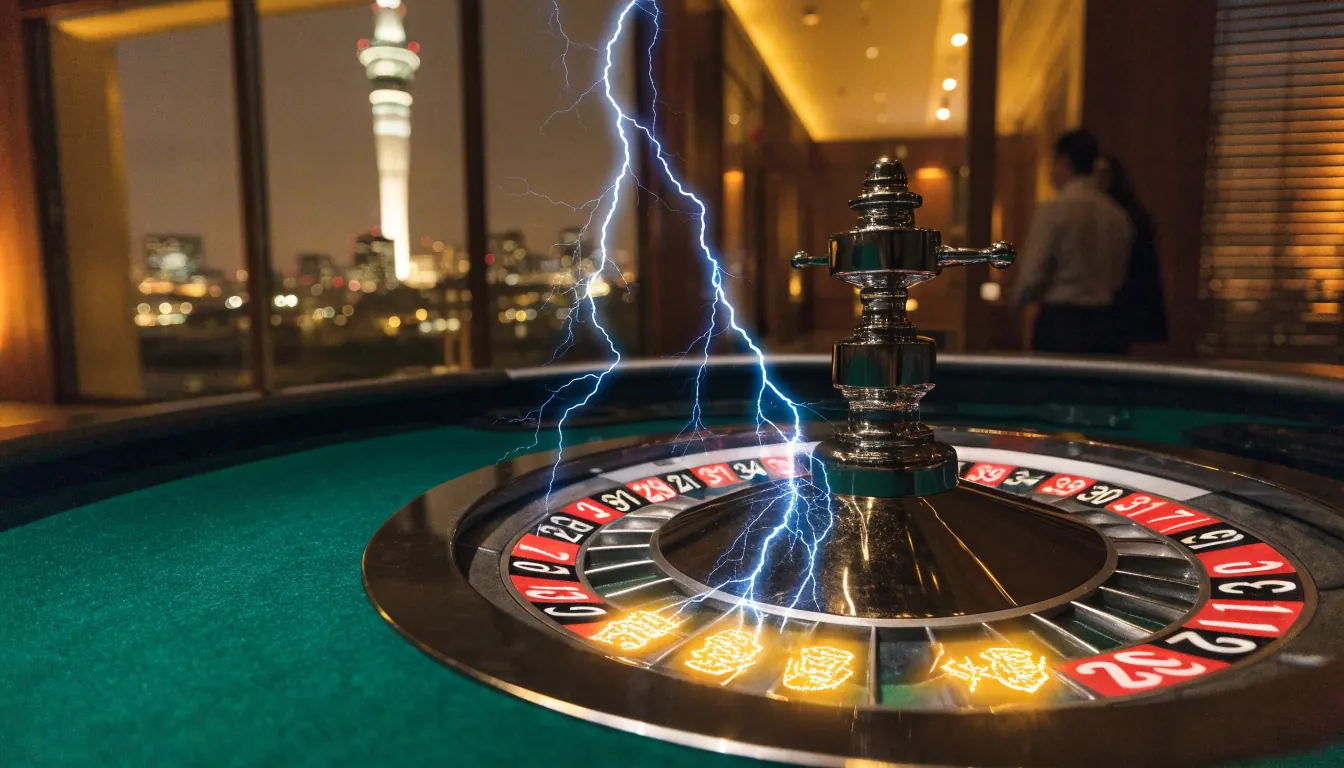 Roulette wheel with electric lightning hitting multiplier pockets in a New Zealand casino