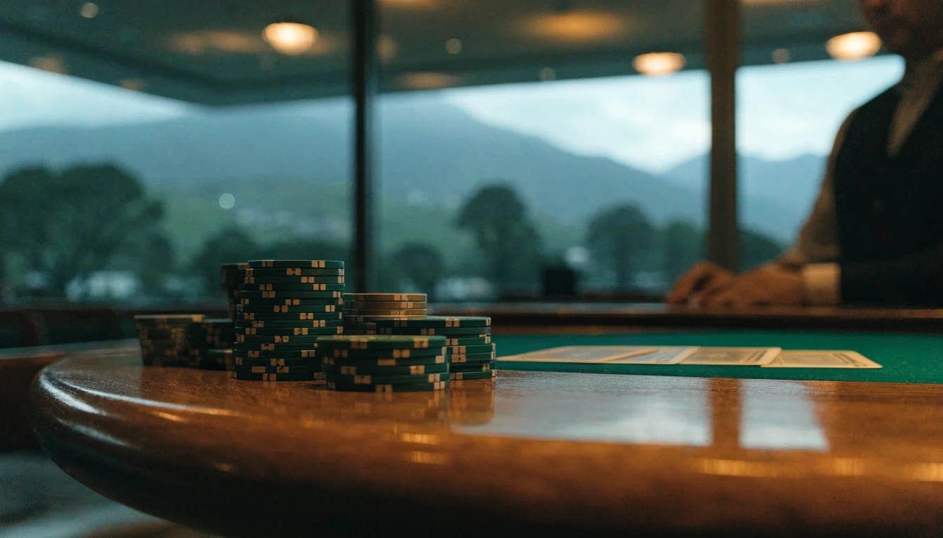 Live blackjack table with chips and cards, dealer, and New Zealand hills through windows