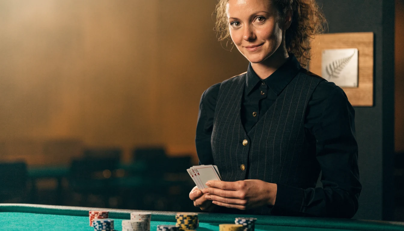 Live blackjack dealer at a studio table with chips and cards