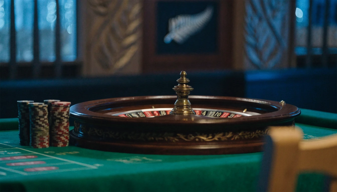 Elegant live dealer roulette studio with casino chips and silver fern emblem