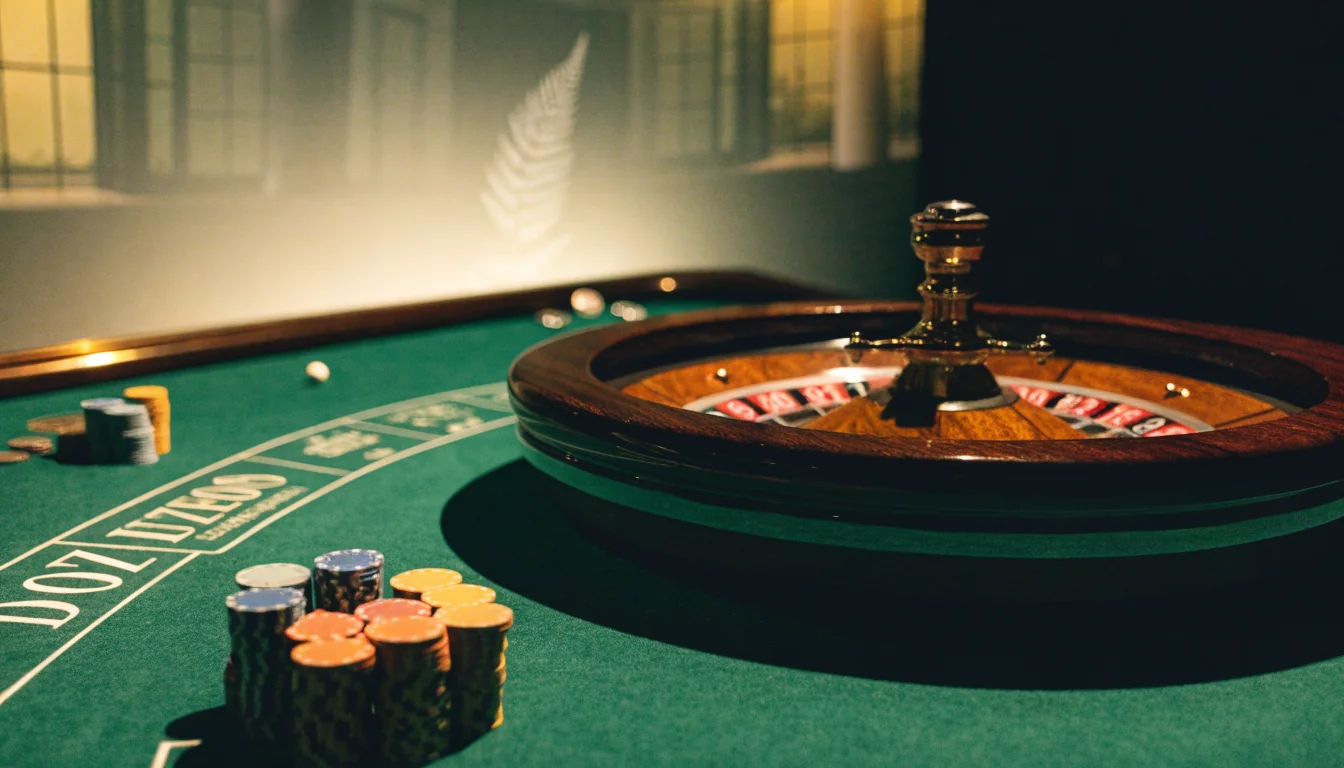 Elegant live roulette table with chips in a modern studio with New Zealand theme