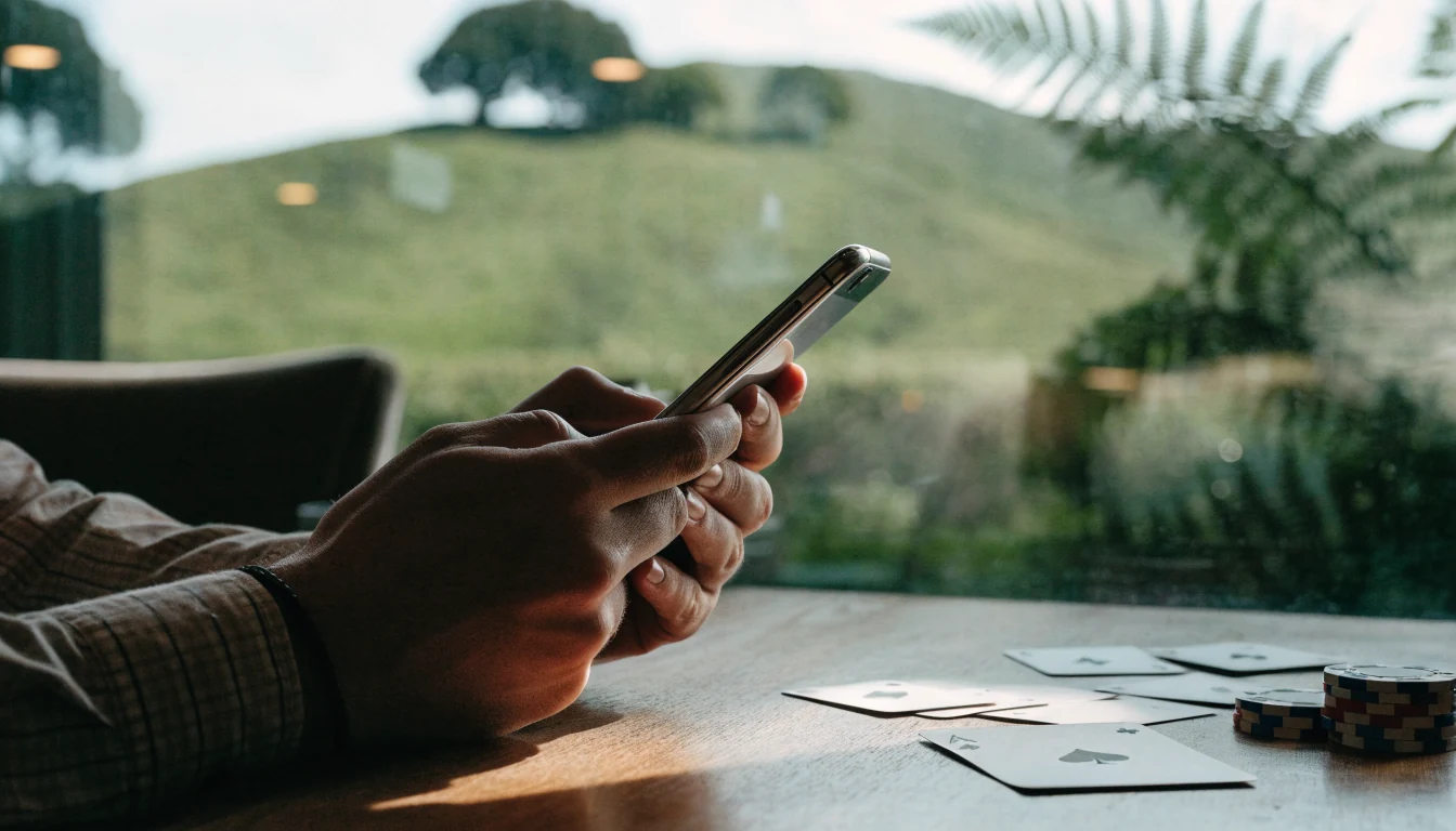 Hands holding a smartphone at a New Zealand café table with playing cards and chips nearby