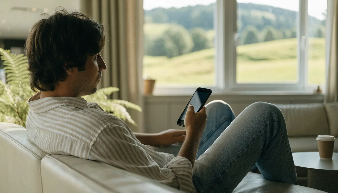 New Zealand man holding smartphone while relaxing at home