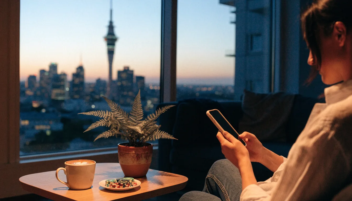 Person holding a smartphone with Auckland skyline at dusk visible through the window.