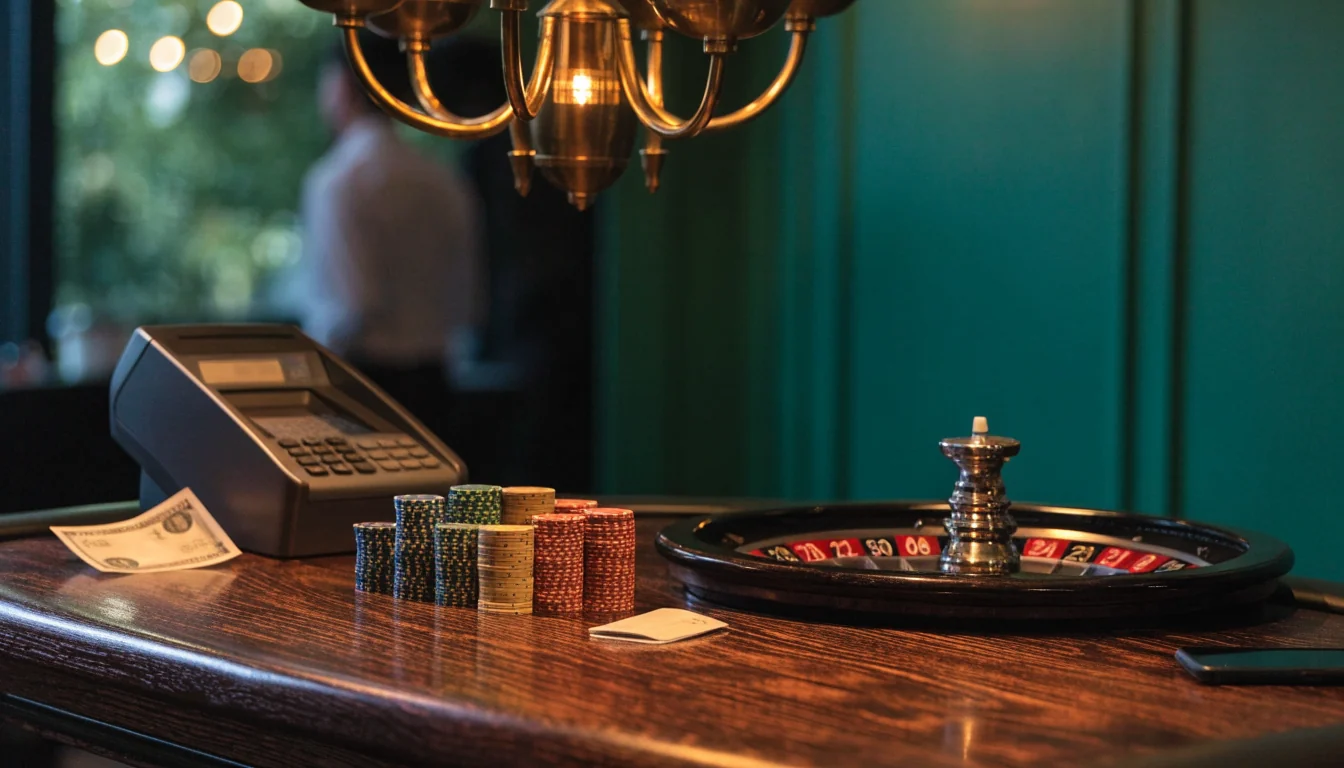Casino table with chips, roulette, and EFTPOS terminal suggesting New Zealand online banking options.