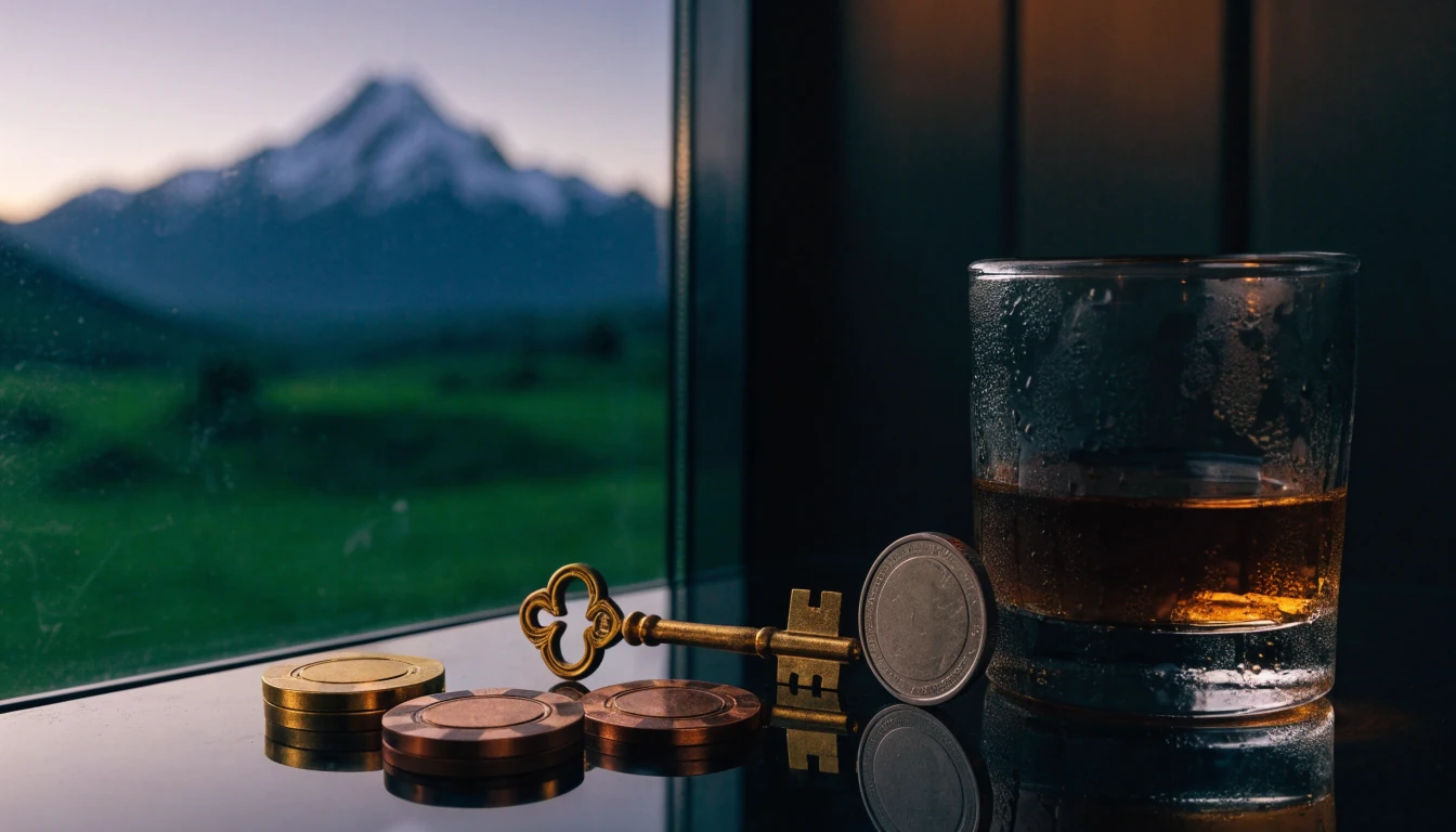 Casino chips, a coin, a golden key, and a whiskey glass with a New Zealand mountain landscape in the background