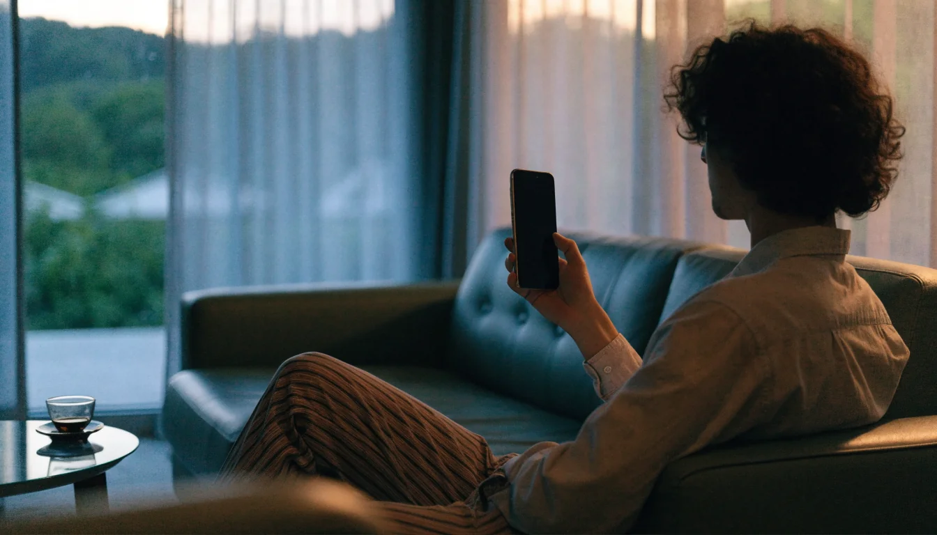 Young person in a modern New Zealand home holding a smartphone, warm evening atmosphere