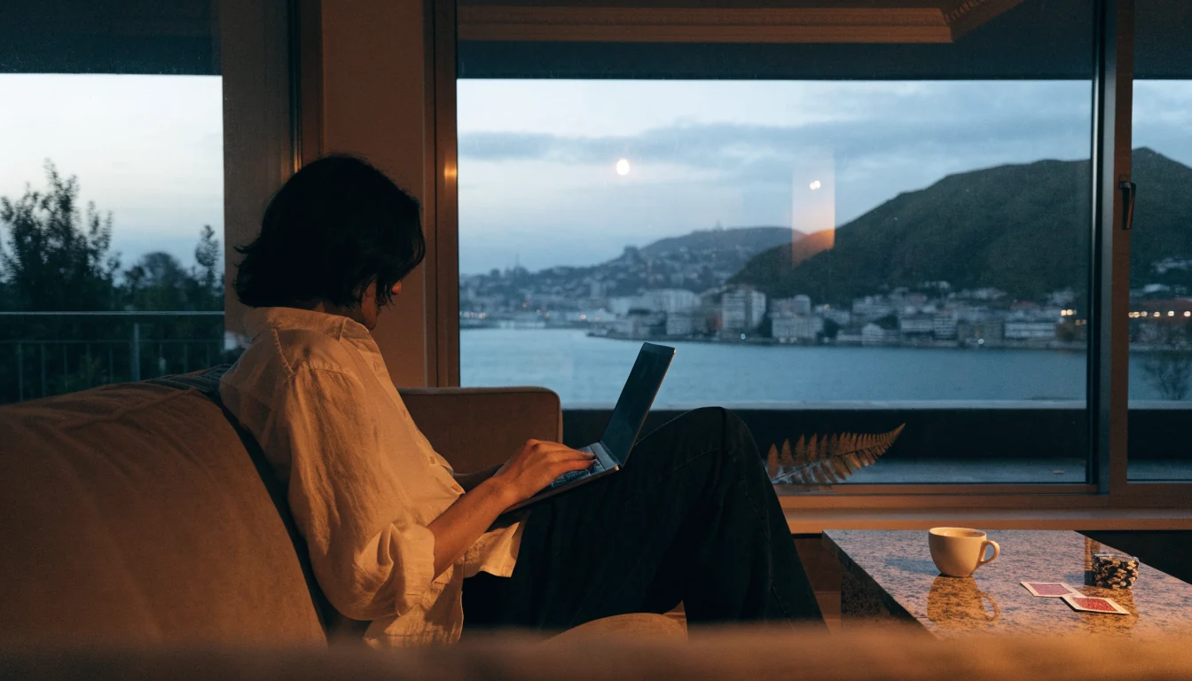 Person in New Zealand apartment with laptop, poker chips and cards