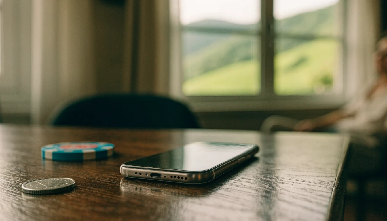 Smartphone face-down on a table with a casino chip, suggesting no-verification gaming access.