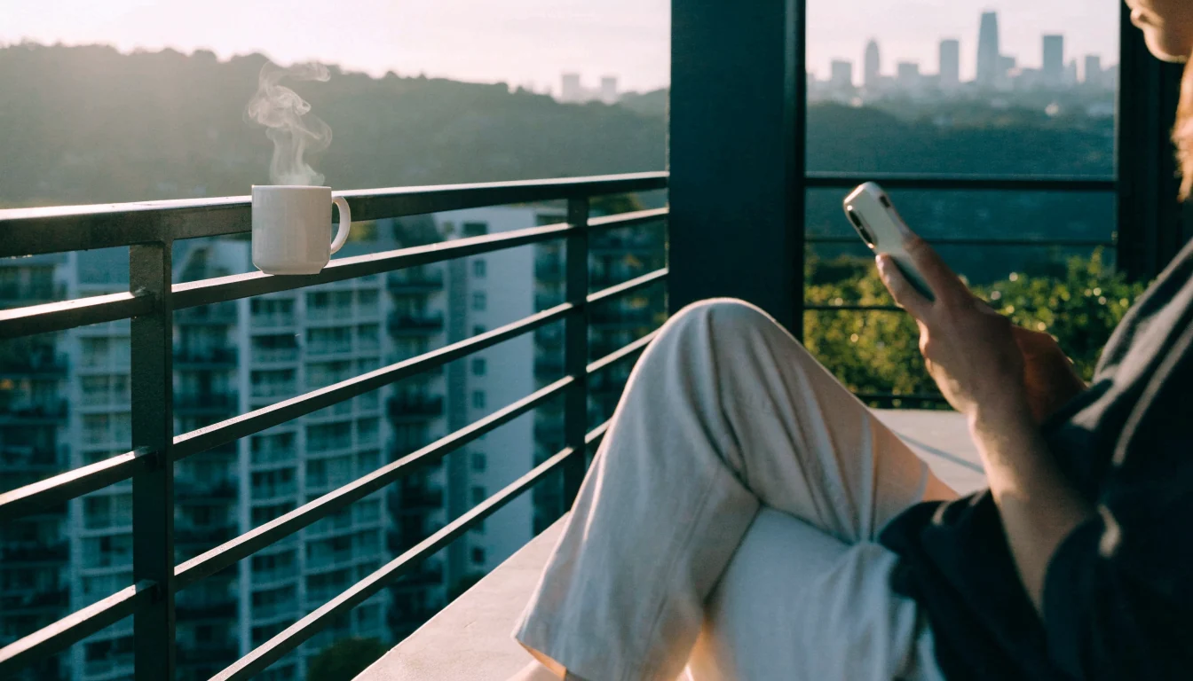 Person on Auckland balcony holding a phone with coffee and city view
