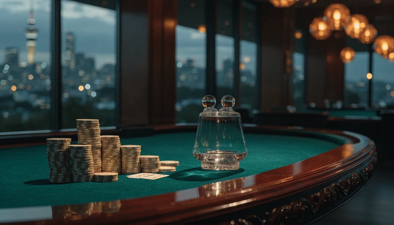 Baccarat chips and cards on a casino table with Auckland skyline at night