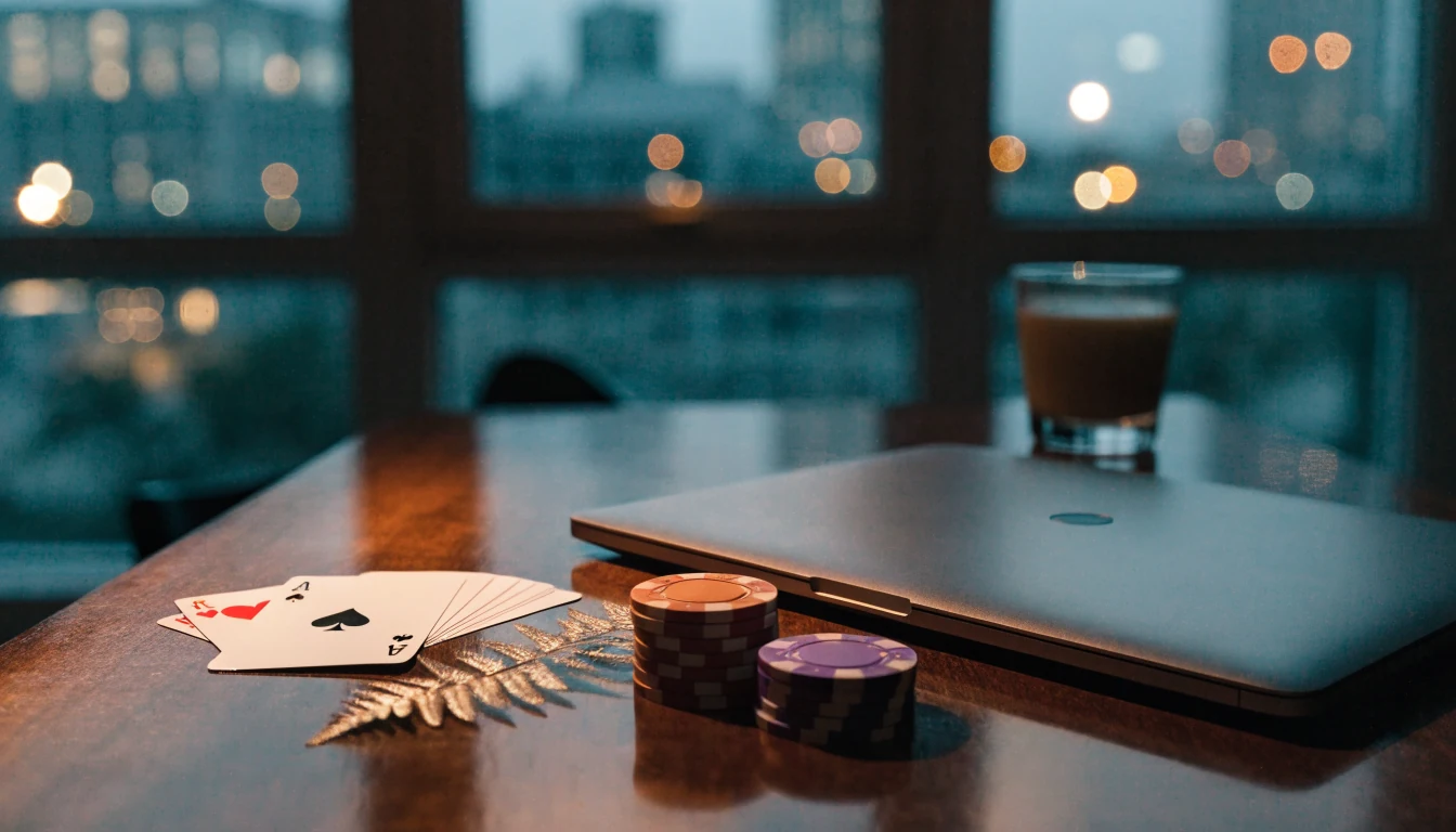 Playing cards, casino chips and laptop on a desk with a New Zealand silver fern, evening setting