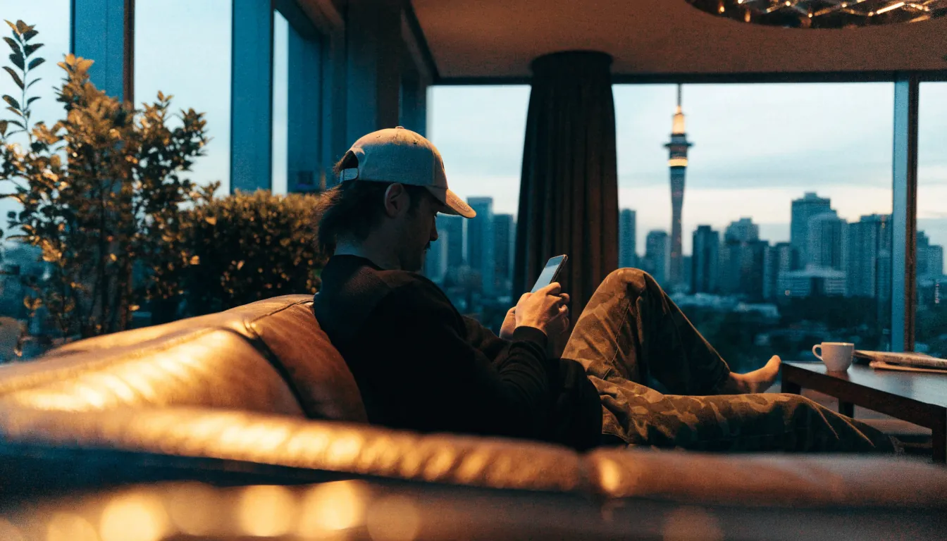 Kiwi player relaxing with a smartphone in a modern Auckland apartment at dusk.