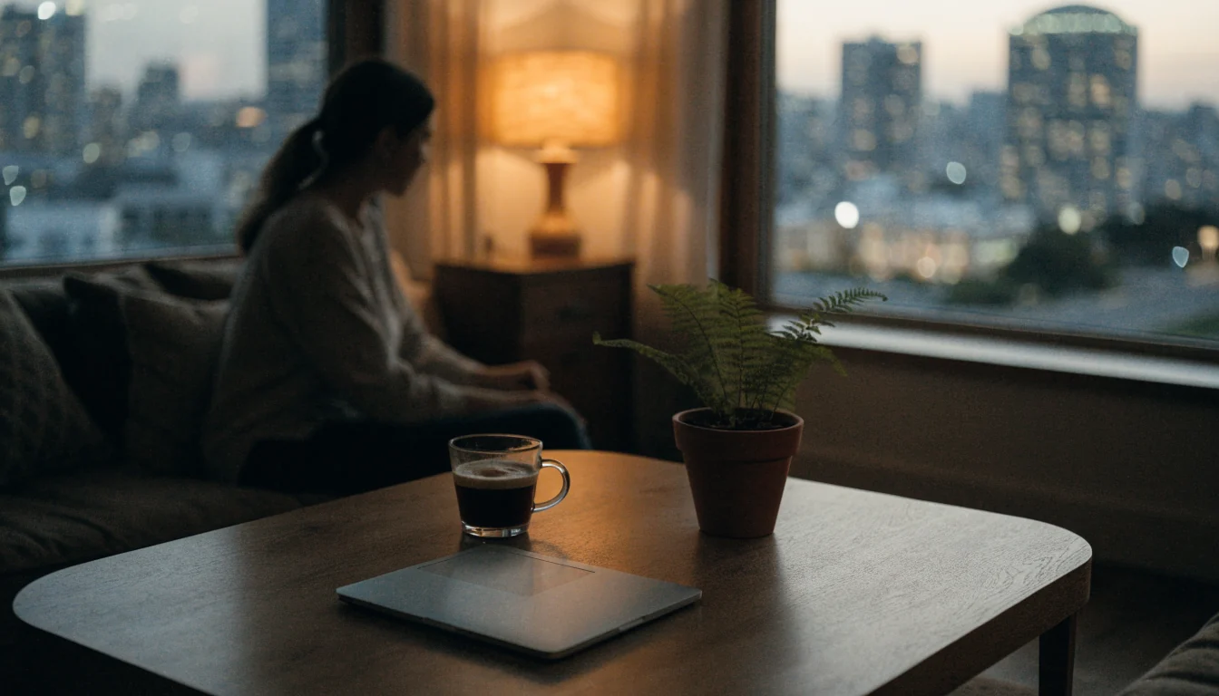 Cozy New Zealand living room with laptop at dusk overlooking Auckland skyline