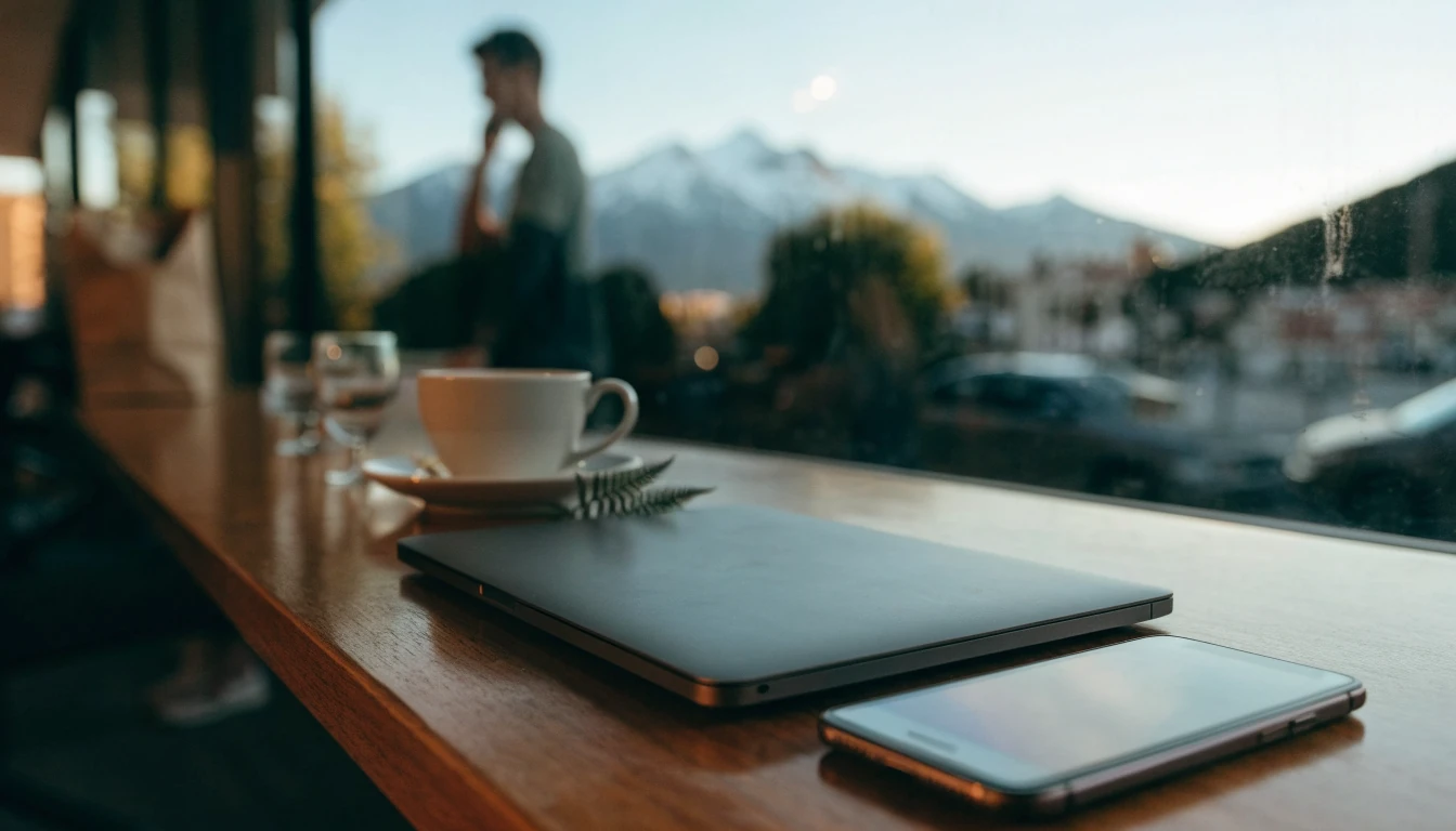 Smartphone and laptop on a café table with Queenstown mountains in background, New Zealand