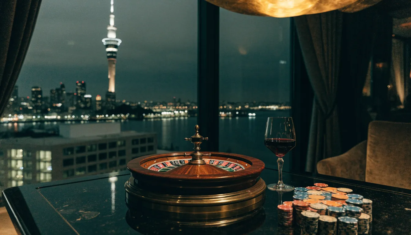 Roulette wheel on elegant table with Auckland skyline at night