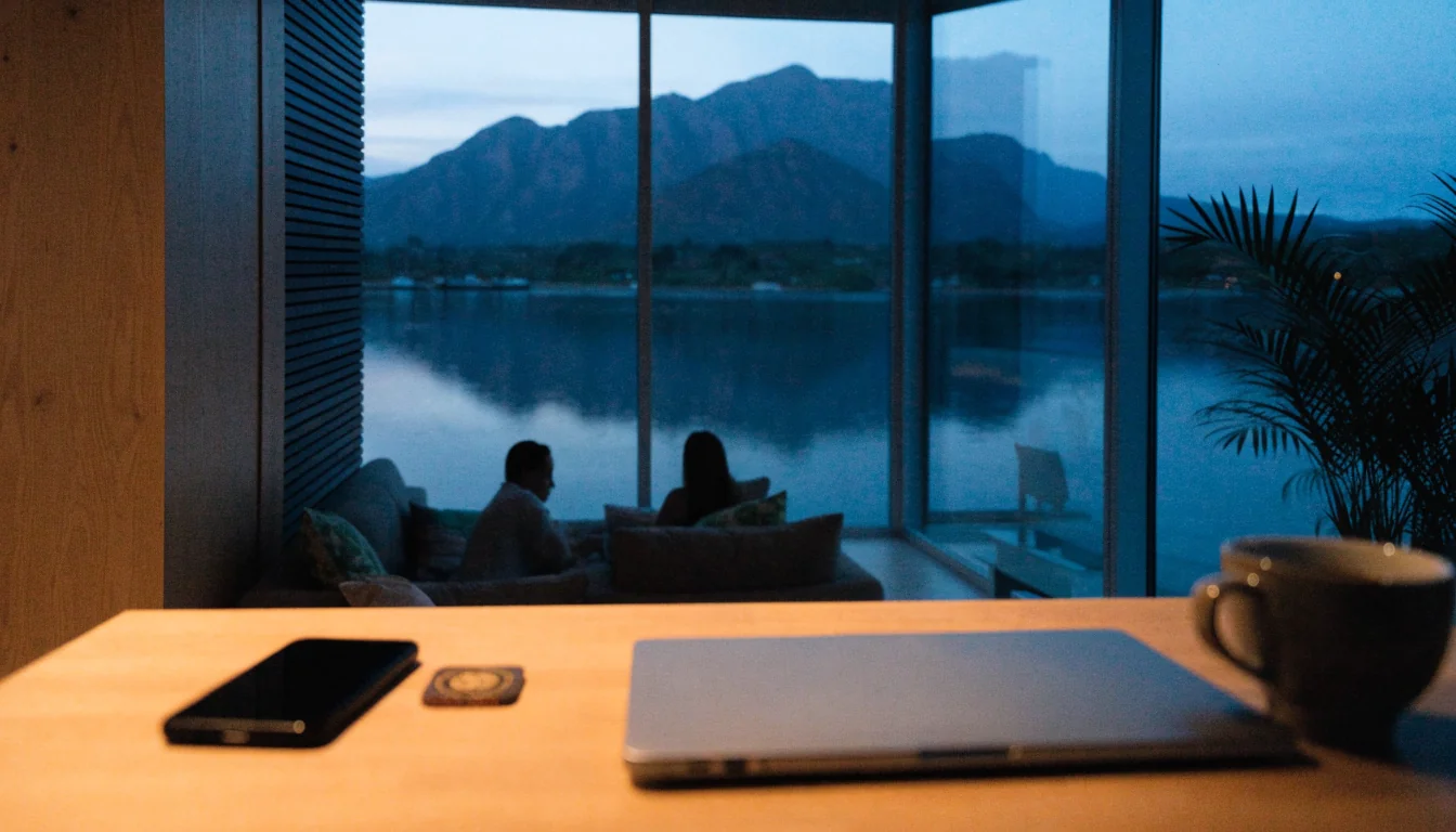 New Zealand home at dusk with a phone and laptop on the table