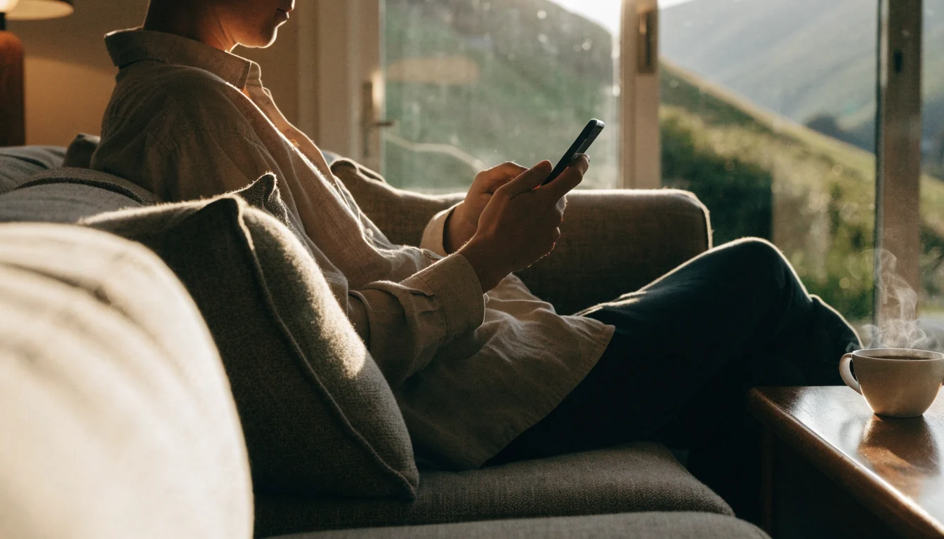 Person relaxing with smartphone in a cozy New Zealand home lounge