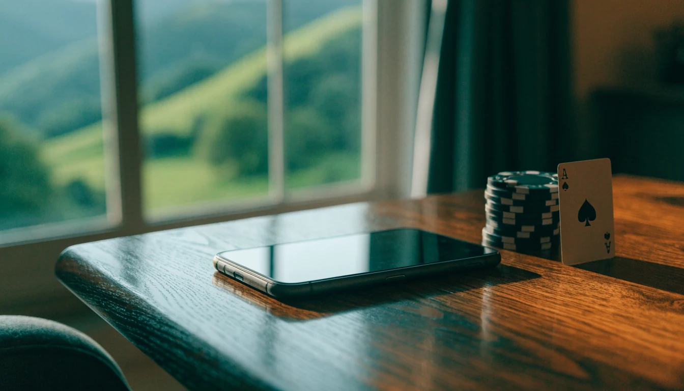 Smartphone on table with casino chips, New Zealand setting