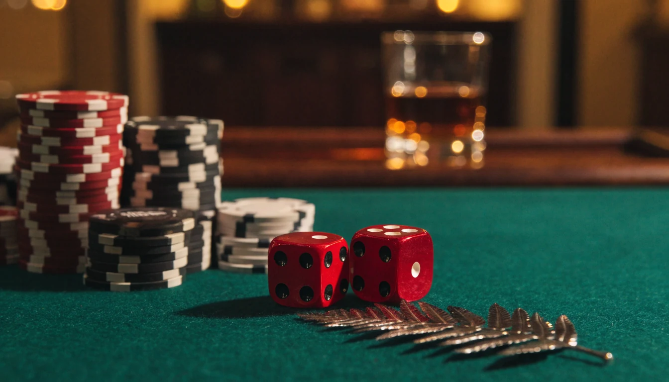 Red dice on a green craps table with casino chips and a New Zealand silver fern accent.