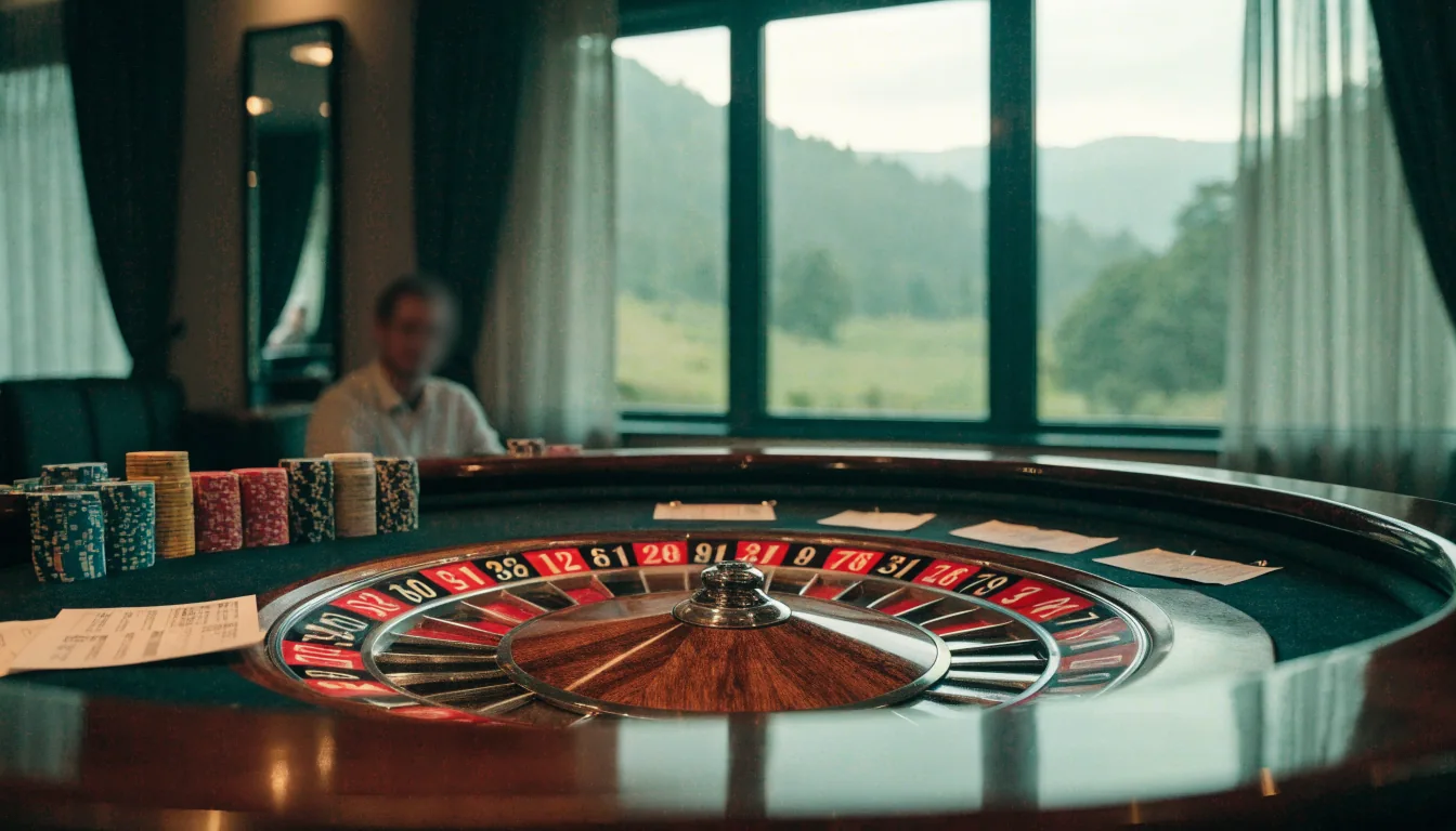 Roulette table with chips and New Zealand landscape visible in background