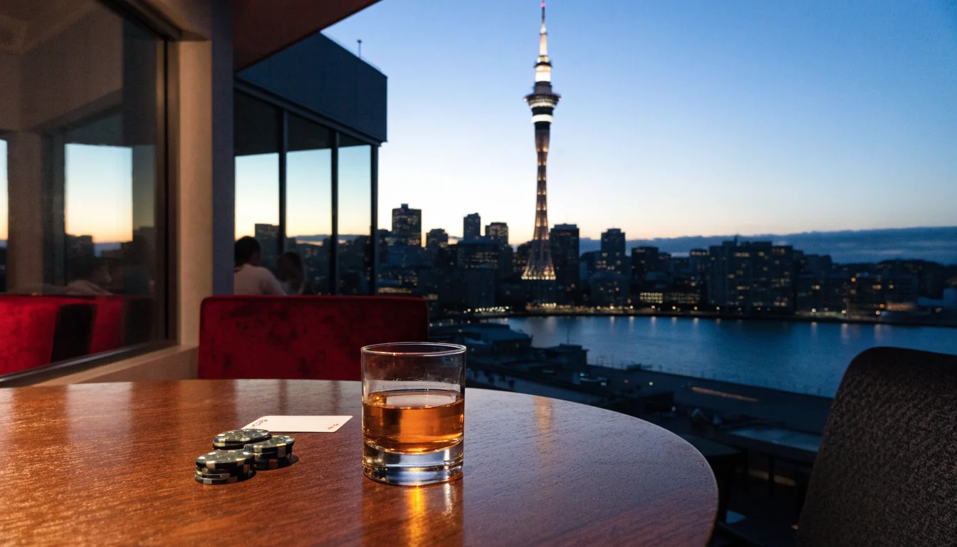 Auckland Sky Tower at dusk viewed from a rooftop bar with casino chips on the table.