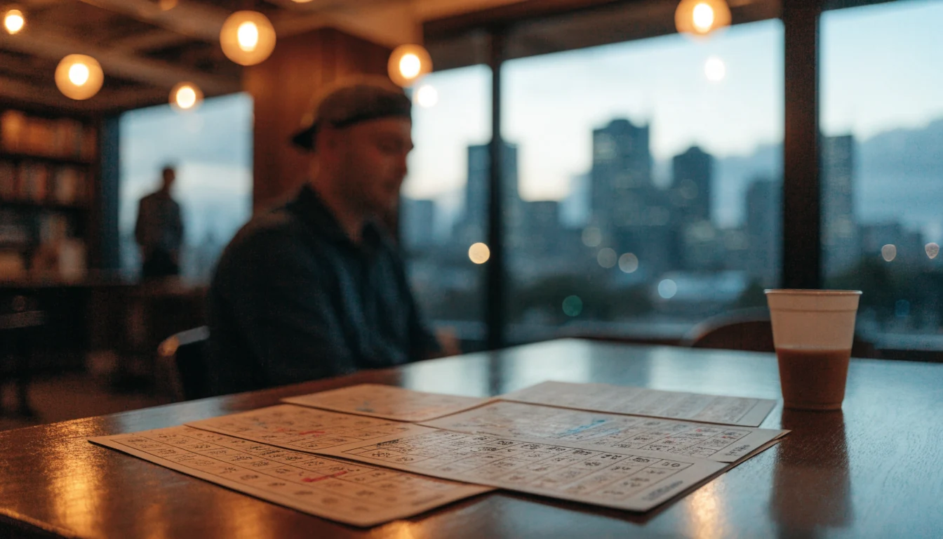 Keno cards on a wooden table inside a New Zealand gaming lounge at dusk