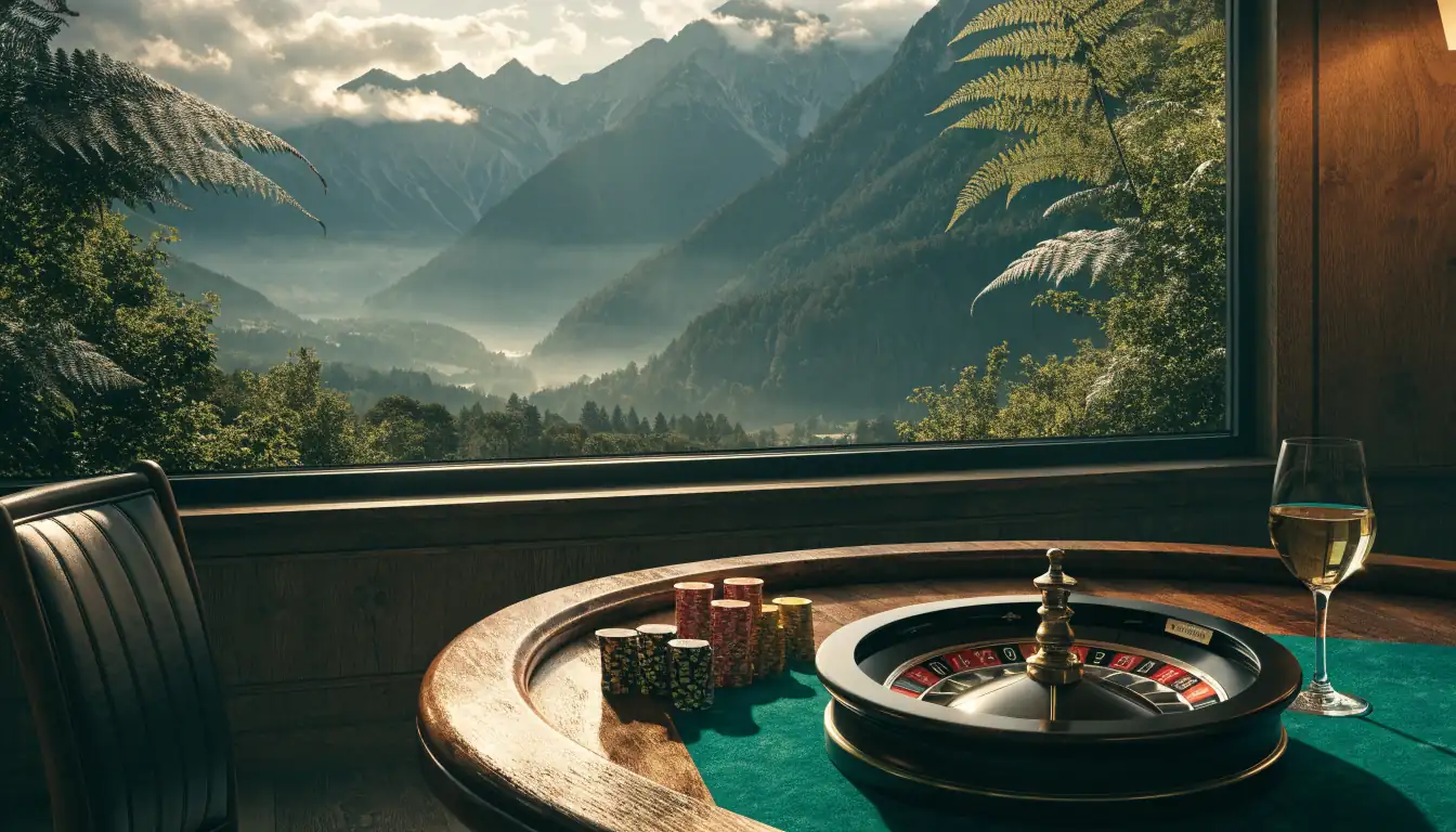 Casino chips and roulette wheel on a table with New Zealand Alps scenery through a window.