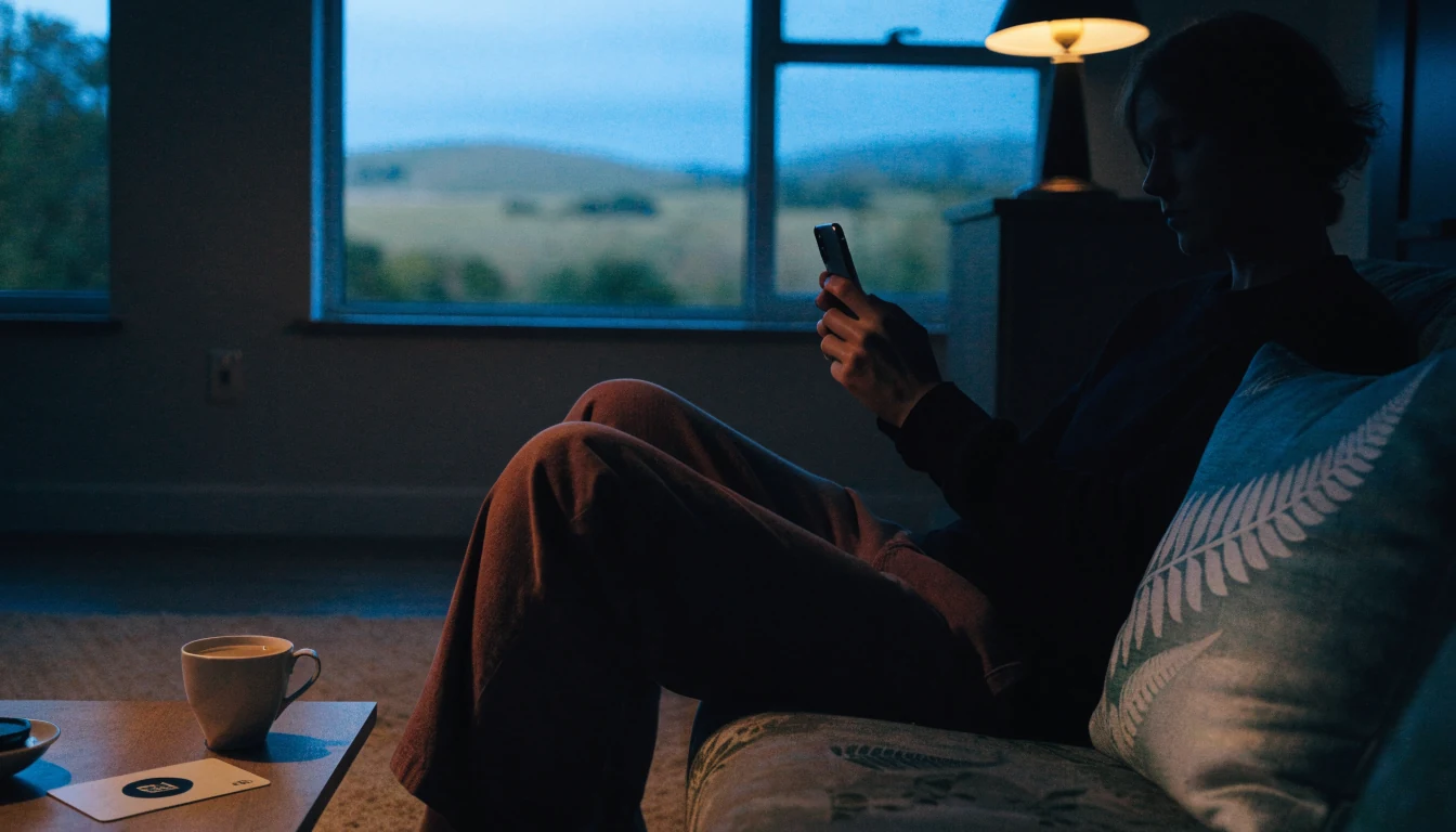 Person relaxing with phone and Paysafe card in a New Zealand home