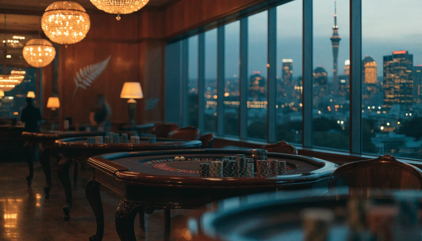 Elegant casino lounge with roulette table and Auckland skyline at dusk