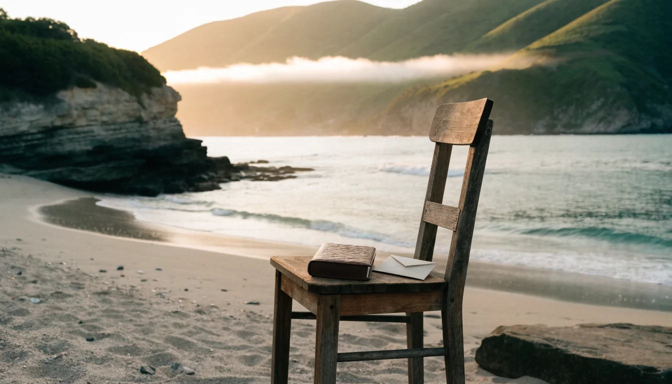 Secluded New Zealand beach with a journal and envelope on a wooden chair at golden hour, symbolizing privacy.