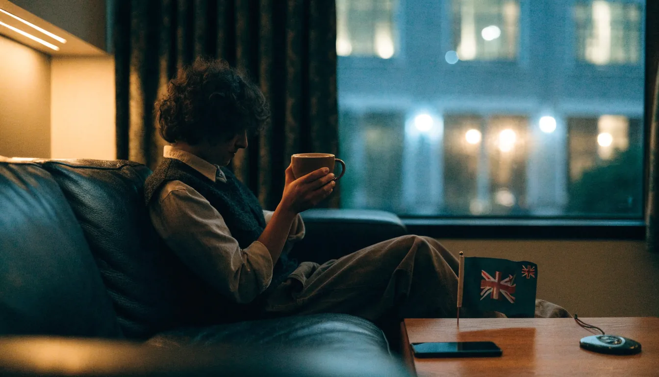New Zealand adult relaxing at home with phone face-down on table, evening atmosphere