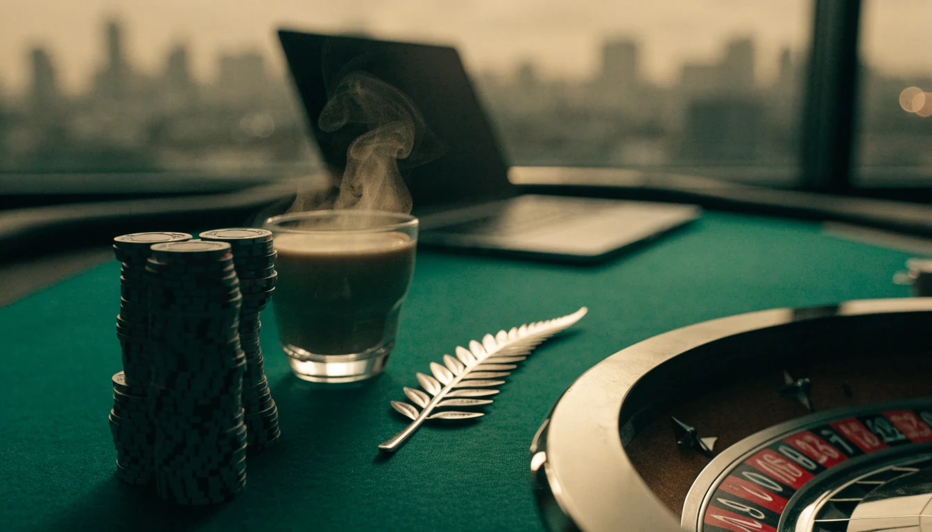 Casino chips, roulette wheel and laptop on a felt table with New Zealand coffee and silver fern.