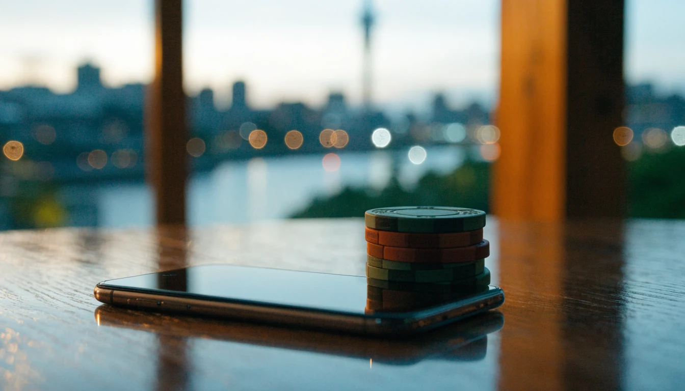 Casino chips beside a smartphone with a blurred Auckland skyline at dusk