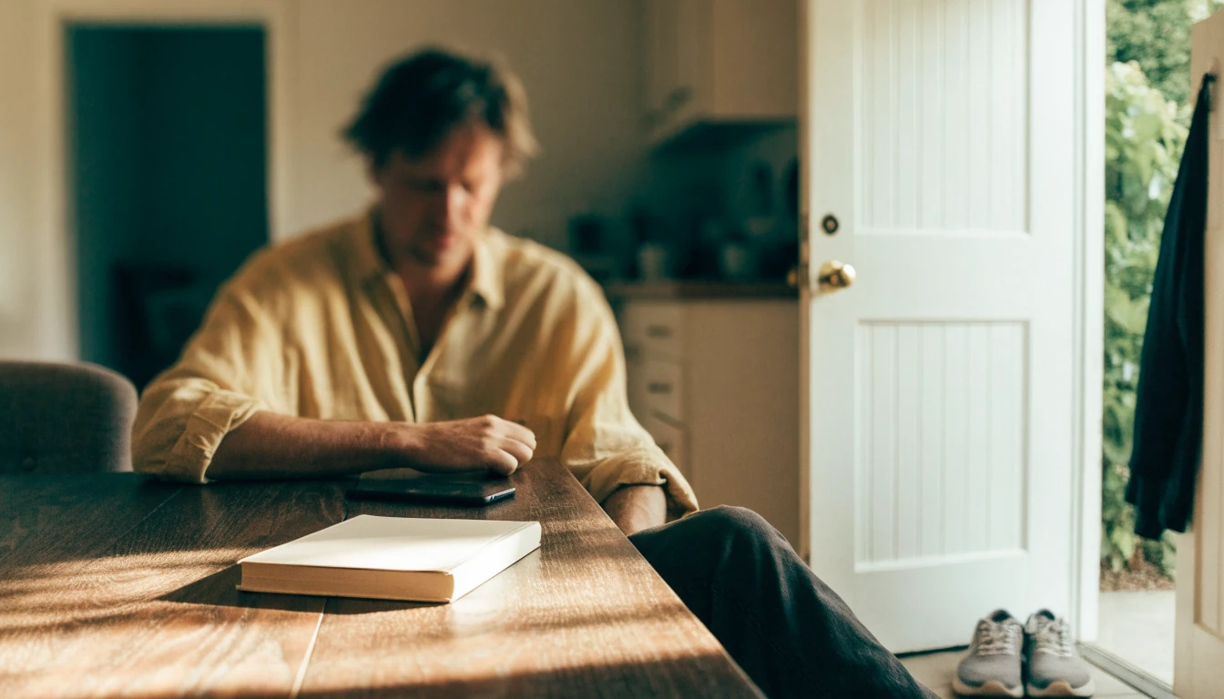 Adult pausing reflectively at a New Zealand home table with a phone placed face-down.