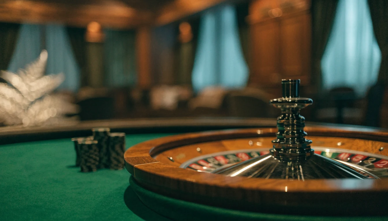 Elegant European roulette wheel on a casino table with stacked chips
