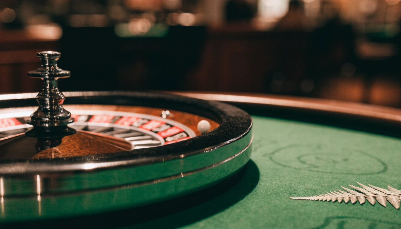 European roulette wheel with a New Zealand silver fern on a casino table