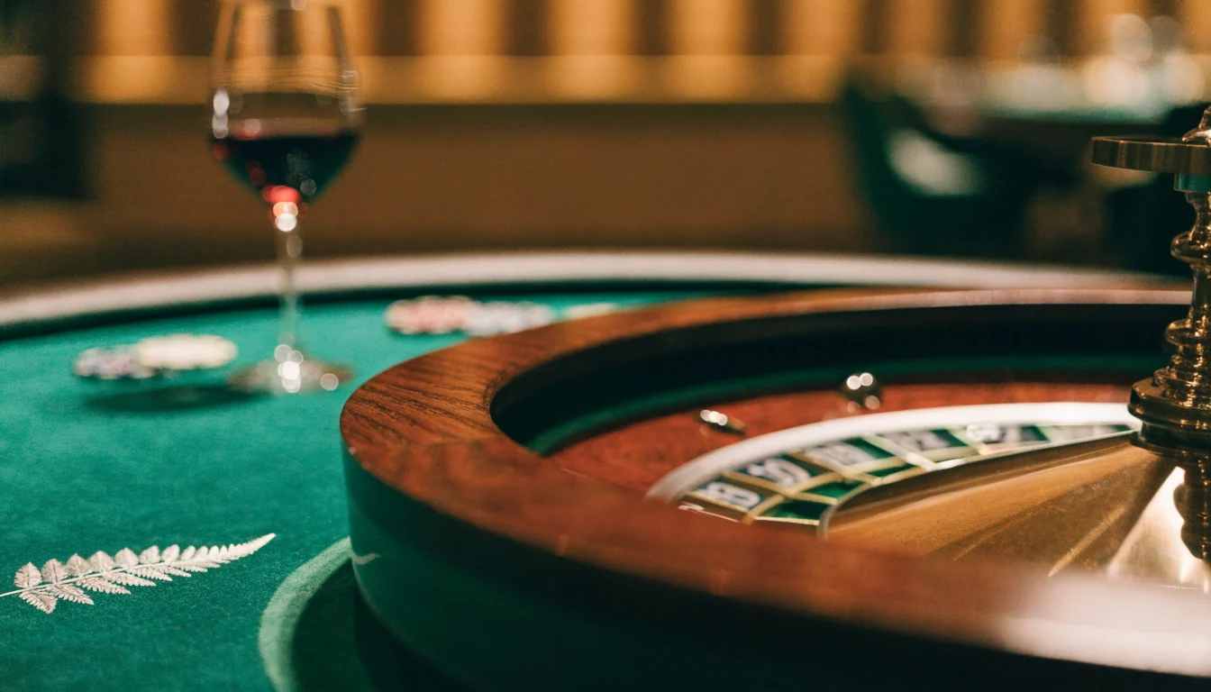 Elegant roulette wheel on a green felt table with warm casino lighting and a silver fern detail