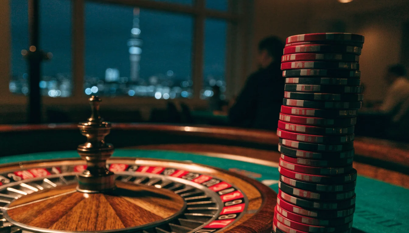 Roulette wheel and chips on a casino table with Auckland skyline in background