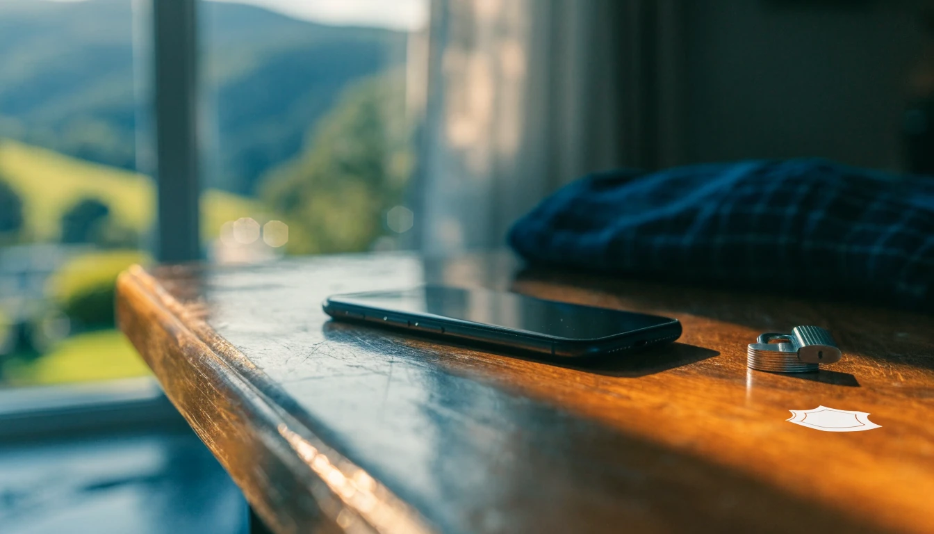 Smartphone on a wooden table with a padlock, suggesting secure online gambling in New Zealand.