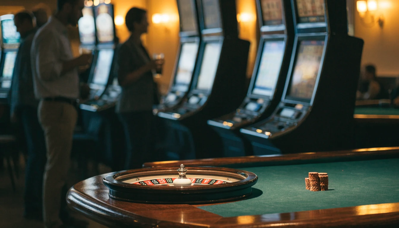 New Zealand casino lounge with roulette table and slot machines