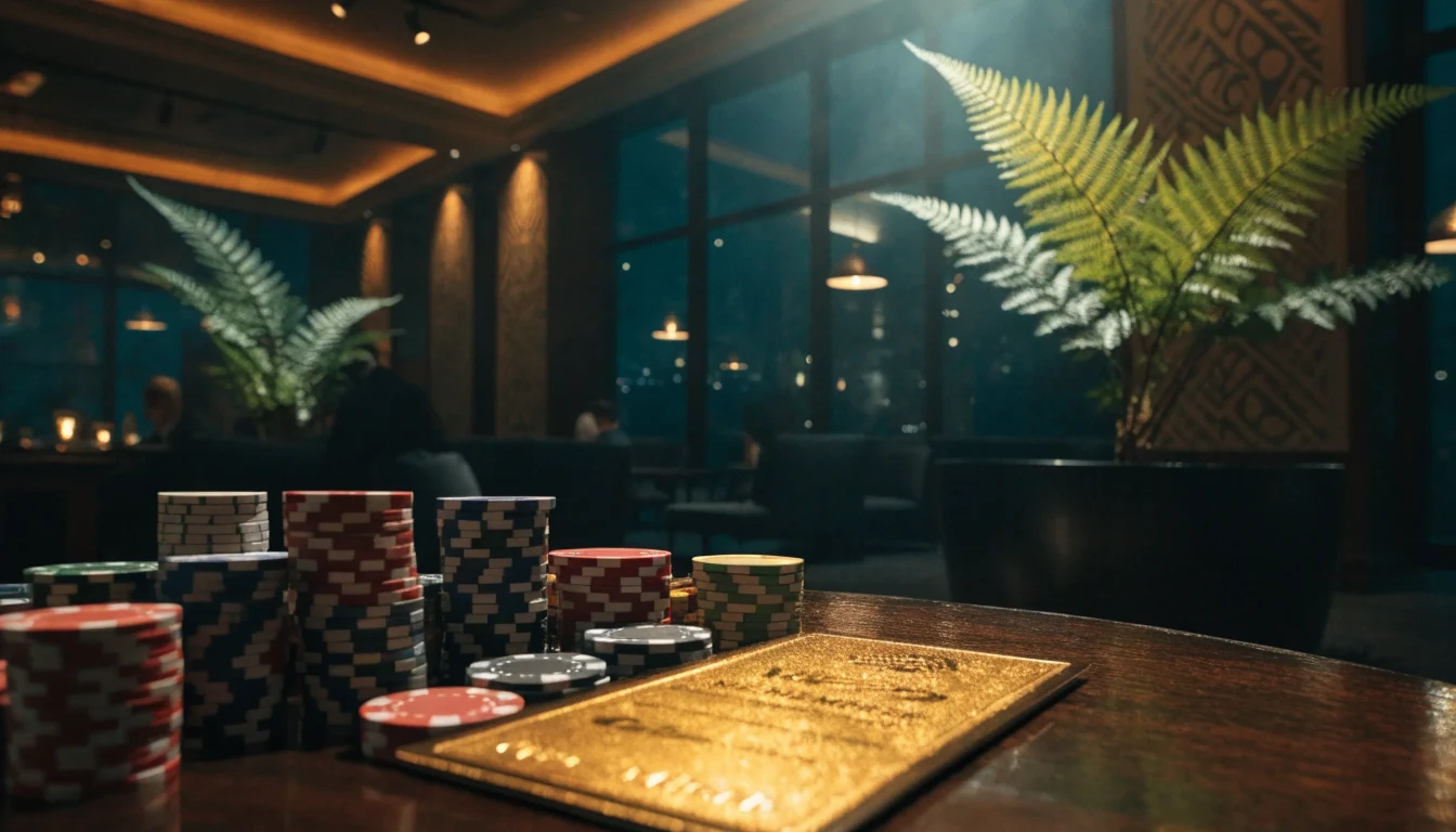 Stylish New Zealand casino lounge with chips and VIP card on a polished table