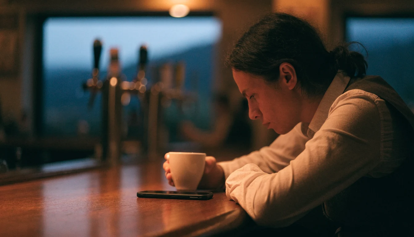 Calm scene of a person with coffee at a New Zealand bar contemplating their approach