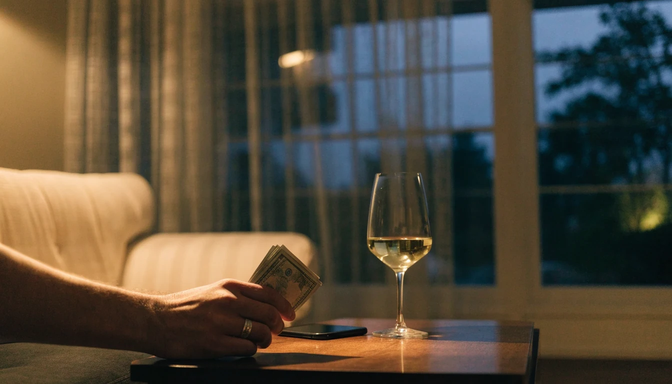 Cozy New Zealand lounge with smartphone, wine, and dollar notes suggesting online slot play
