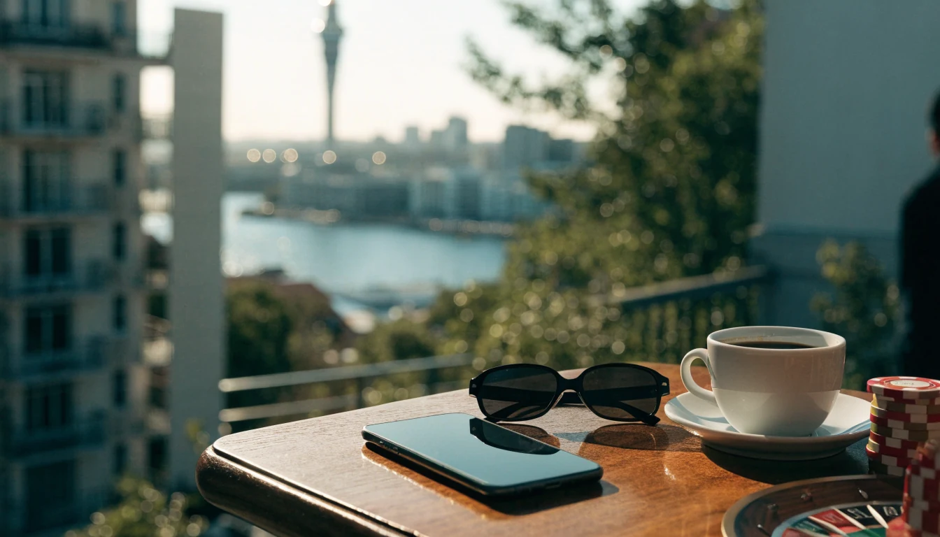 Smartphone face-down on a balcony table with casino chips and roulette, New Zealand harbour view.