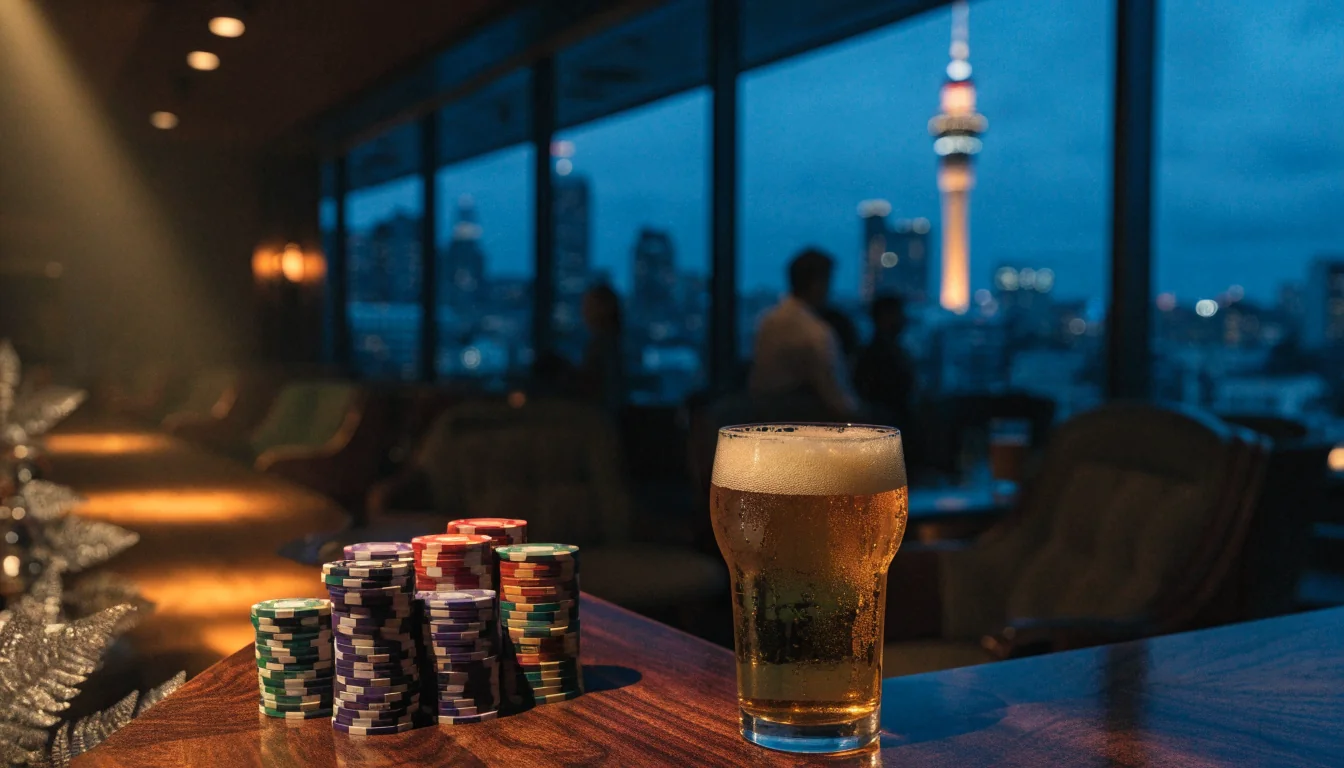 Modern New Zealand casino lounge with chips, bar, and Auckland skyline view at night